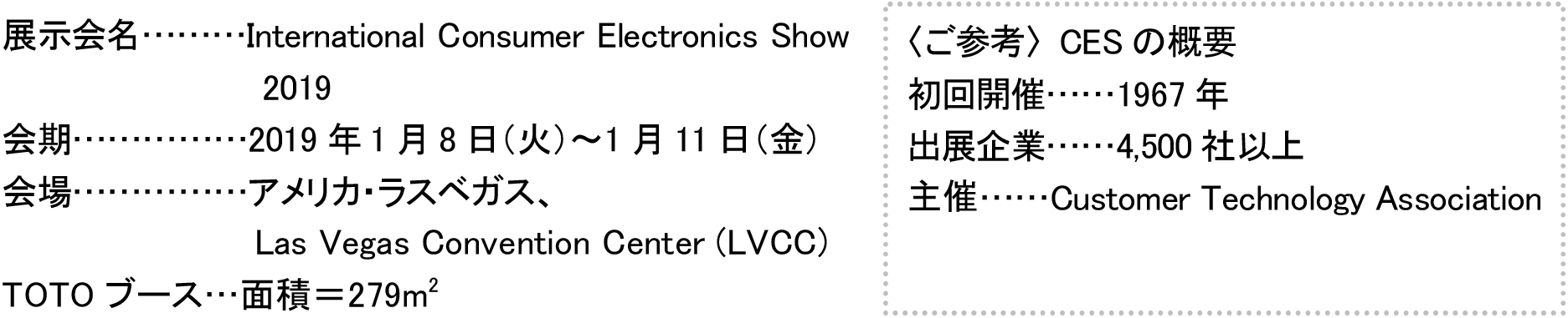 展示会名:International Consumer Electronics Show 2019 会期:2019年1月8日（火）～1月11日（金） 会場:アメリカ・ラスベガス、Las Vegas Convention Center (LVCC) TOTOブース:面積＝279m2