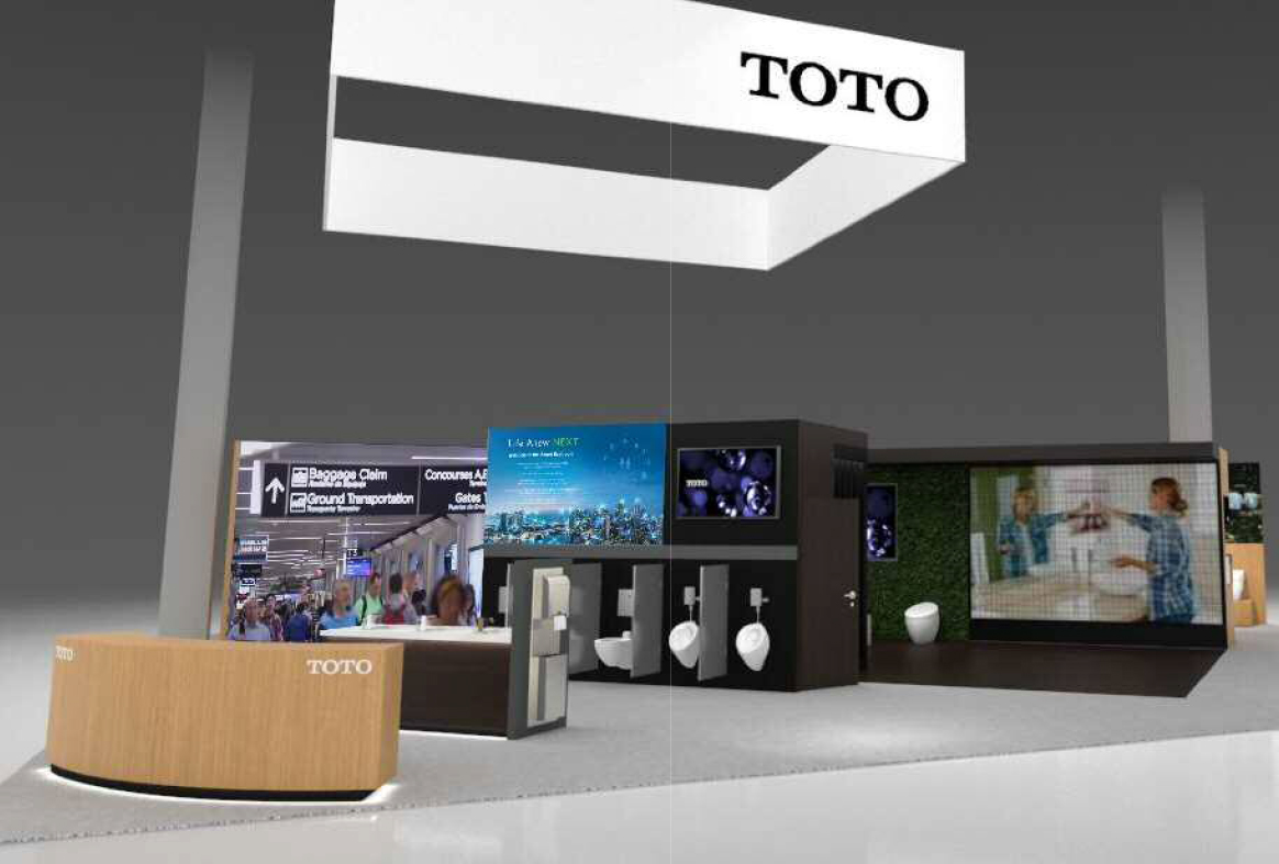 「IoT テクノロジーを使ったTOTOの提案」と「GP PRO社との協業」の展示エリア