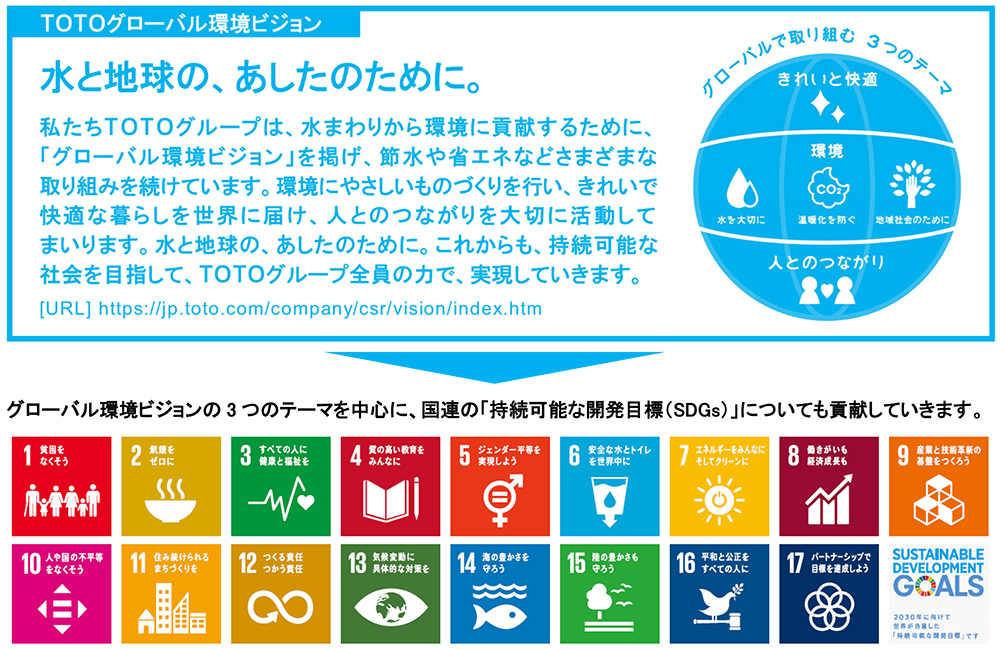 TOTOグローバル環境ビジョン → グローバル環境ビジョンの3つのテーマを中心に、国連の「持続可能な開発目標（SDGs）」についても貢献していきます。
