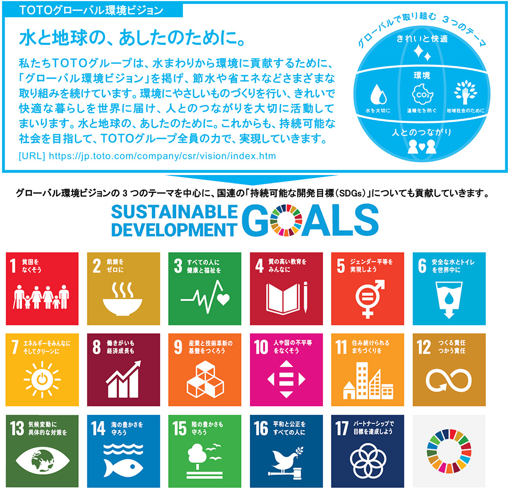 TOTOグローバル環境ビジョン → グローバル環境ビジョンの3つのテーマを中心に、国連の「持続可能な開発目標（SDGs）」についても貢献していきます。