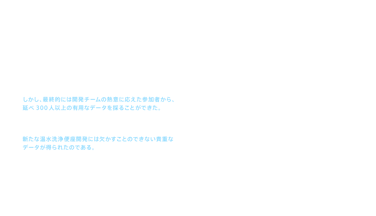 こうしたデータを得るために開発チームは社内に働きかけ、協力者を募った。だが、いかに自社の新商品開発のための貴重なデータとはいえ、デリケートな部位であるおしりへの実験はさすがに抵抗感が大きく、特に女性社員の協力を得ることは容易ではなかった。しかし、最終的には開発チームの熱意に応えた参加者から、延べ300人以上の有用なデータを採ることができた。その結果、洗浄する温水は38℃、便座の温度は36℃、乾燥のための温風は50℃、ノズルから噴出する洗浄水の吐水角度は43度といった、新たな温水洗浄便座開発には欠かすことのできない貴重なデータが得られたのである。