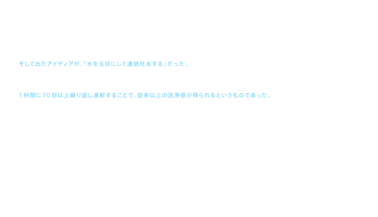 そして出たアイディアが、「水を玉状にして連続吐水する」だった。これなら、少ない水量でもしっかりした洗浄感が得られるのではないか。なぜなら、水は連続的に当てるよりも、断続的に当てる方が応力が大きくなるからだ。開発チームは実証実験を繰り返し行った。それによって得られた結果は、強い吐水と弱い吐水を、交互に1秒間に70回以上繰り返し連射することで、従来以上の洗浄感が得られるというものであった。「ワンダーウェーブ洗浄」と名付けられたこの洗浄方式は、ウォシュレット®の洗浄技術を革命的に変えるものとなった。