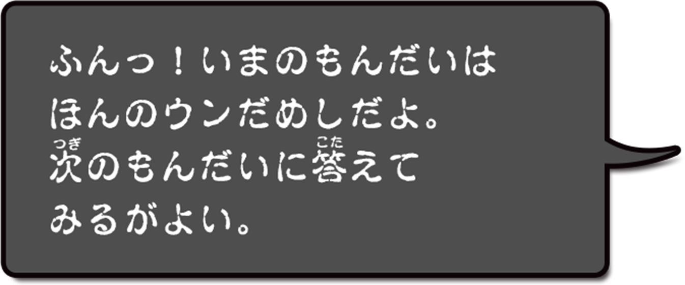 フン。いまのもんだいはほんのウンだめしだよ。つぎのもんだいにこたえてみるがよい