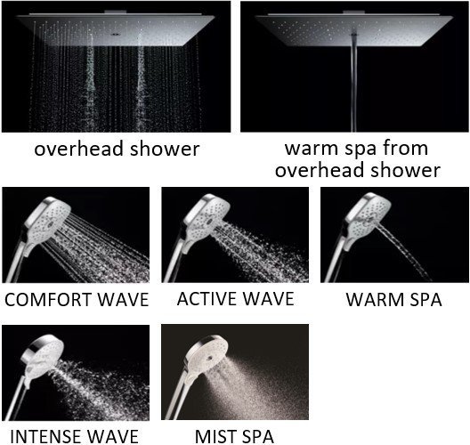 A photo showing the various shower modes available in products for overseas markets.