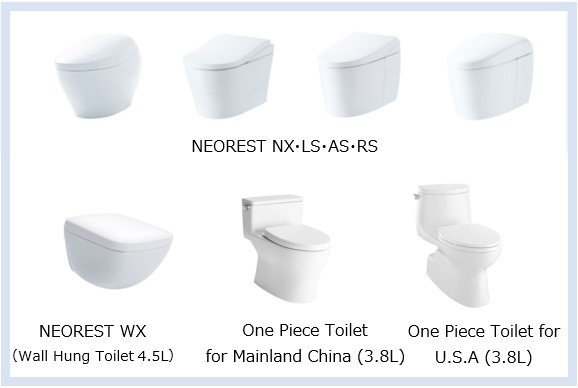 Photos of TOTO's water-saving toilets sold overseas, including one-piece toilets for mainland China and the United States..