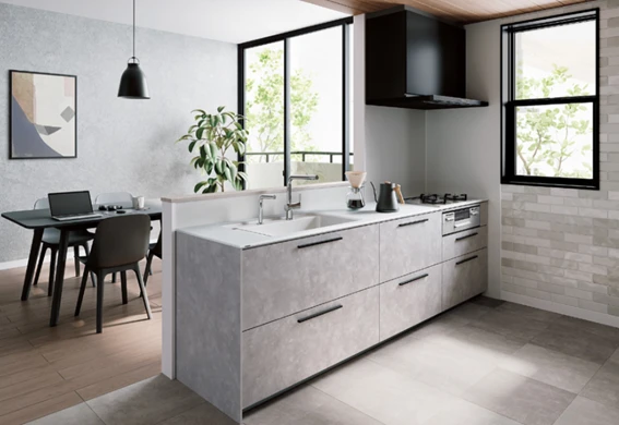 シックなグレーと木目がほどよく調和した爽やかな空間