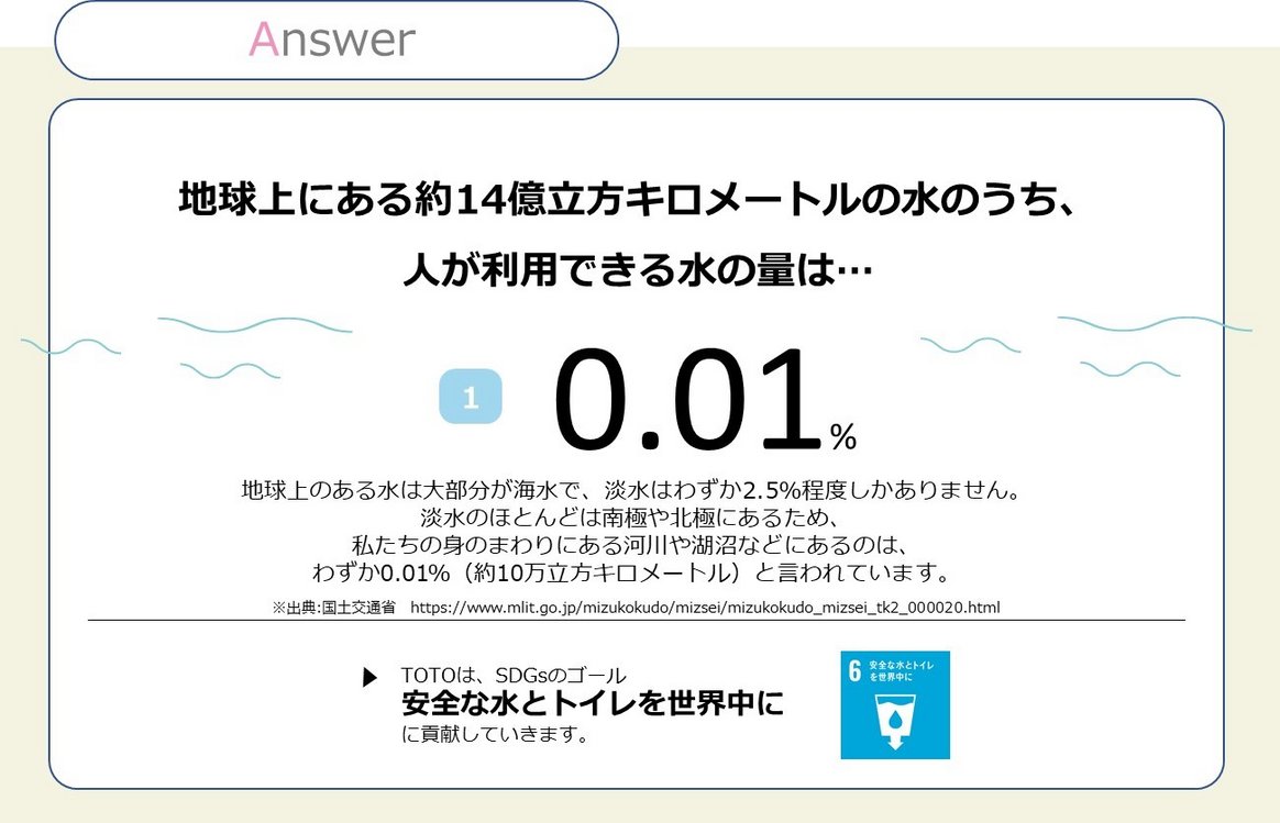 地球上にある約14億立方キロメートルの水のうち、人が利用できる水の量は…