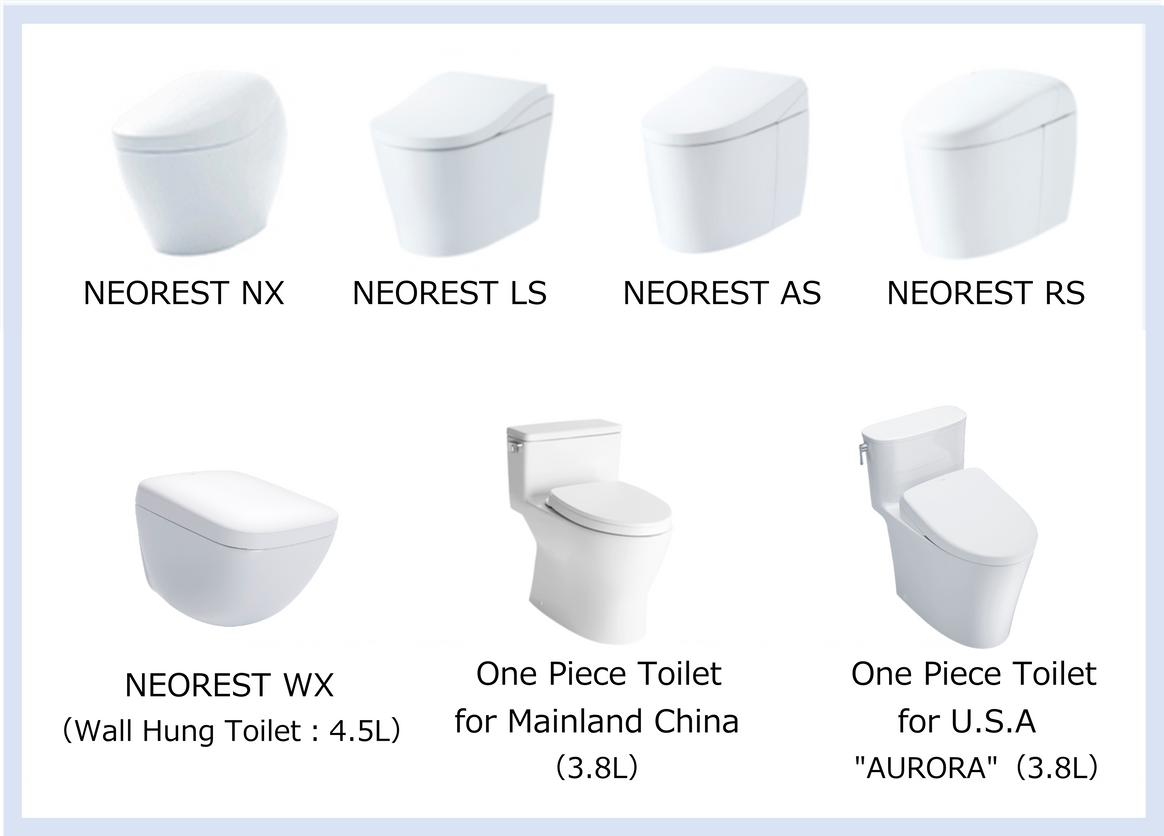 Photos of TOTO's water-saving toilets sold overseas, including one-piece toilets for mainland China and the United States..