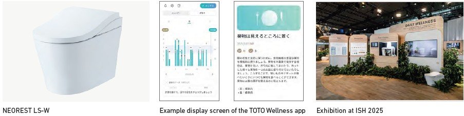 Example display screen of the TOTO Wellness app and reference exhibit photos at "ISH 2025"