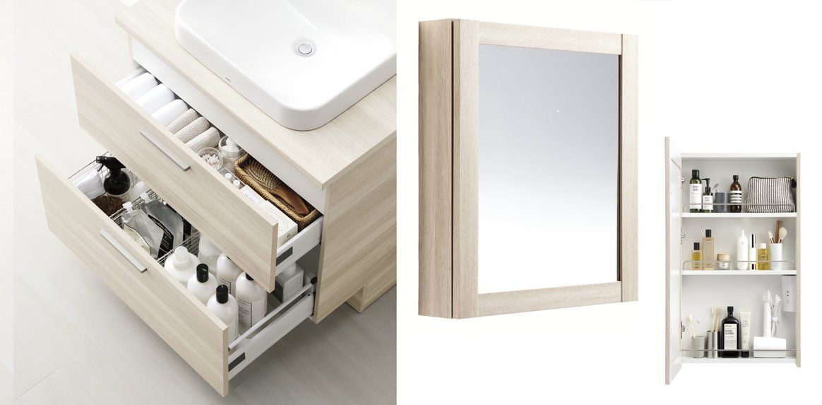 ポイント4：たっぷり収納できるキャビネットとコンセントを隠せる鏡裏収納